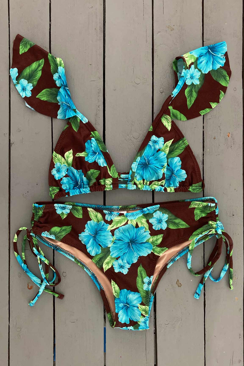 Floral ruffle store lace up bikini