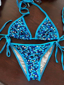 Blue polka Dot Triangle Top and Spaghetti Bikini Bottom