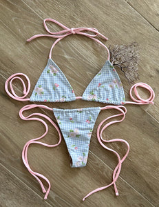 Blue Plaid Cinched Thong Bikini