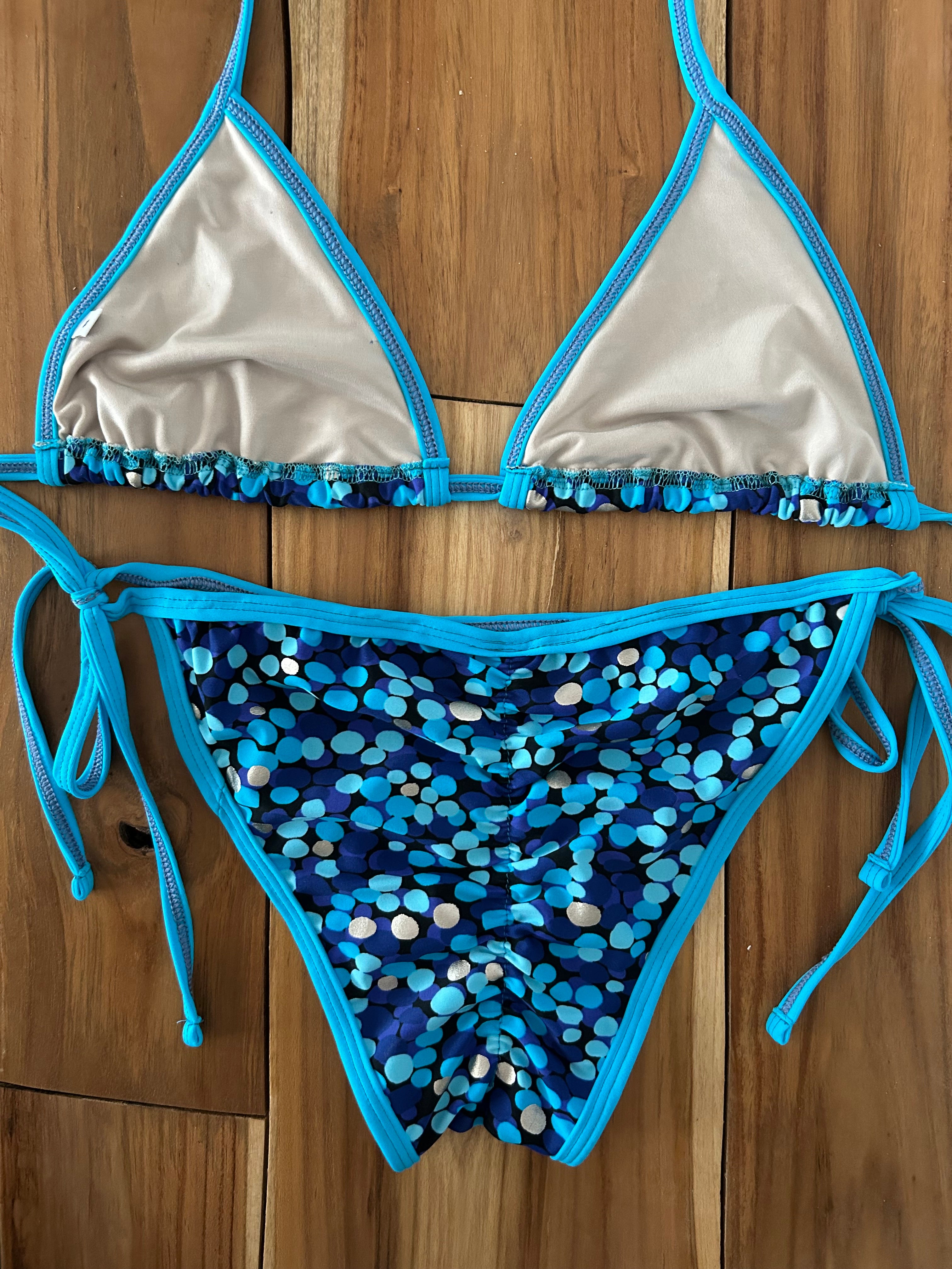 Blue polka Dot Triangle Top and Spaghetti Bikini Bottom Set