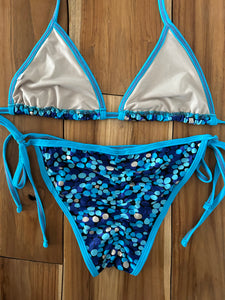 Blue polka Dot Triangle Top and Spaghetti Bikini Bottom Set