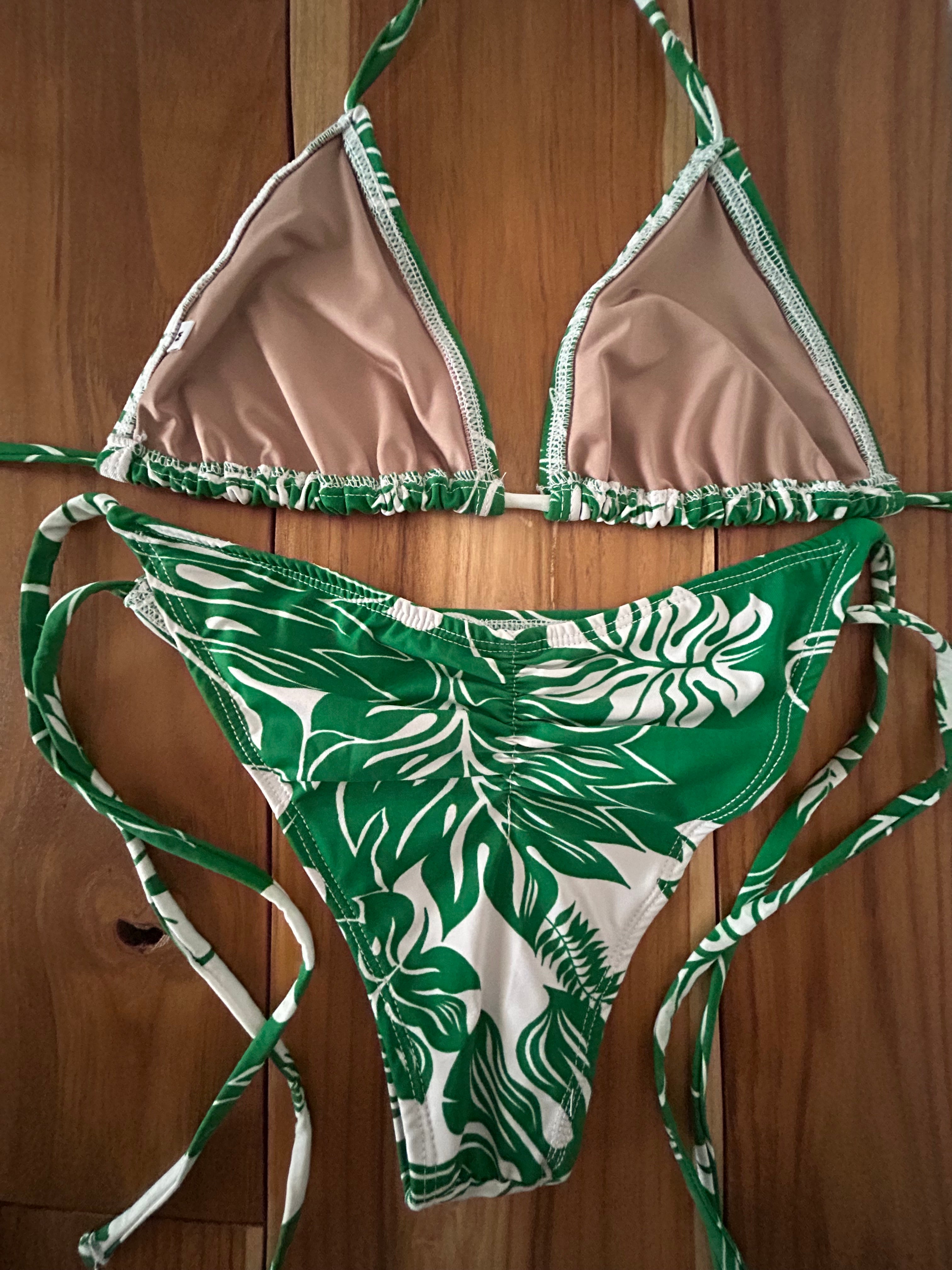 Green Floral Print Triangle Bikini Top