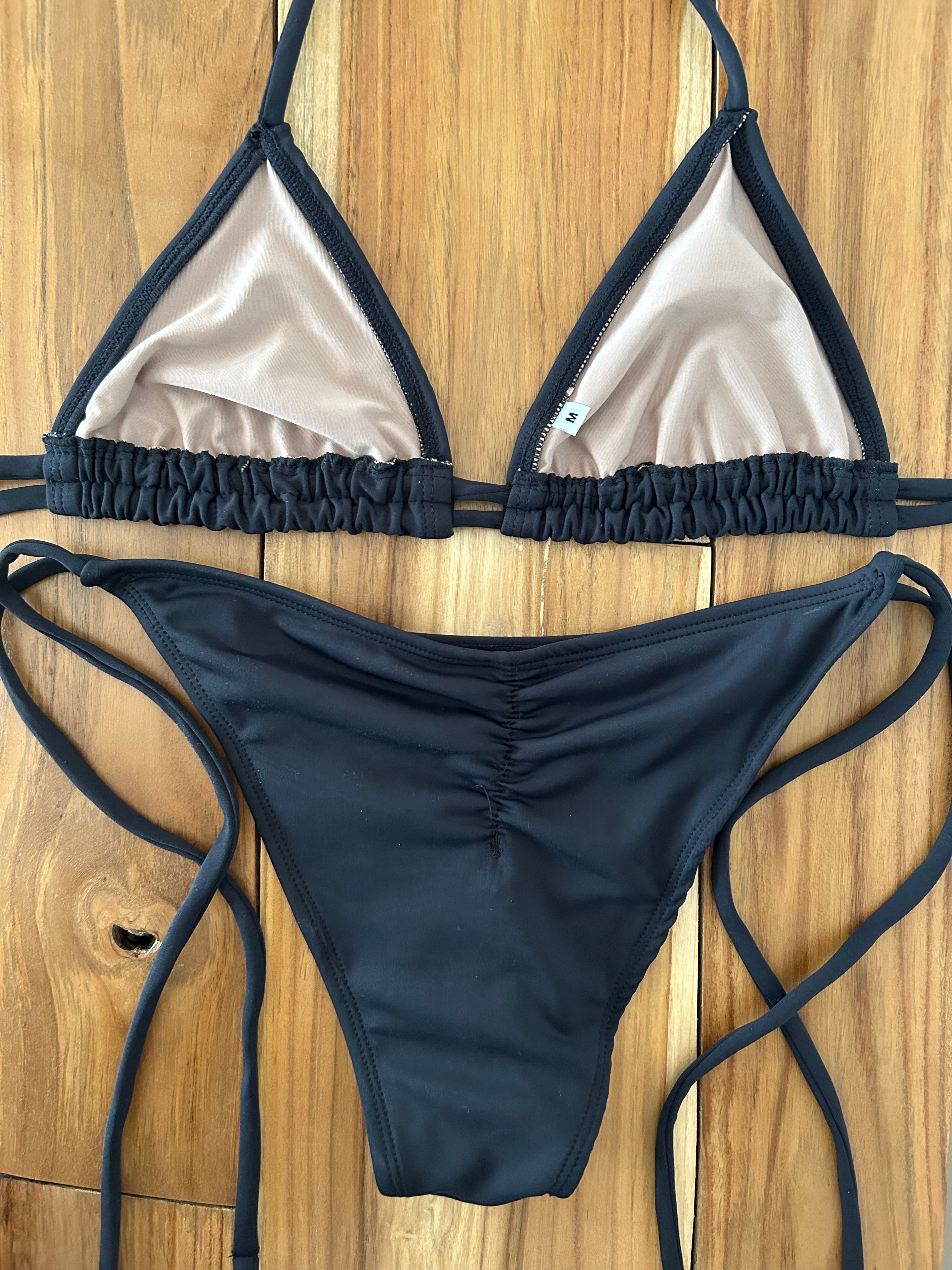 Solid Black 2 String Triangle Bikini Top