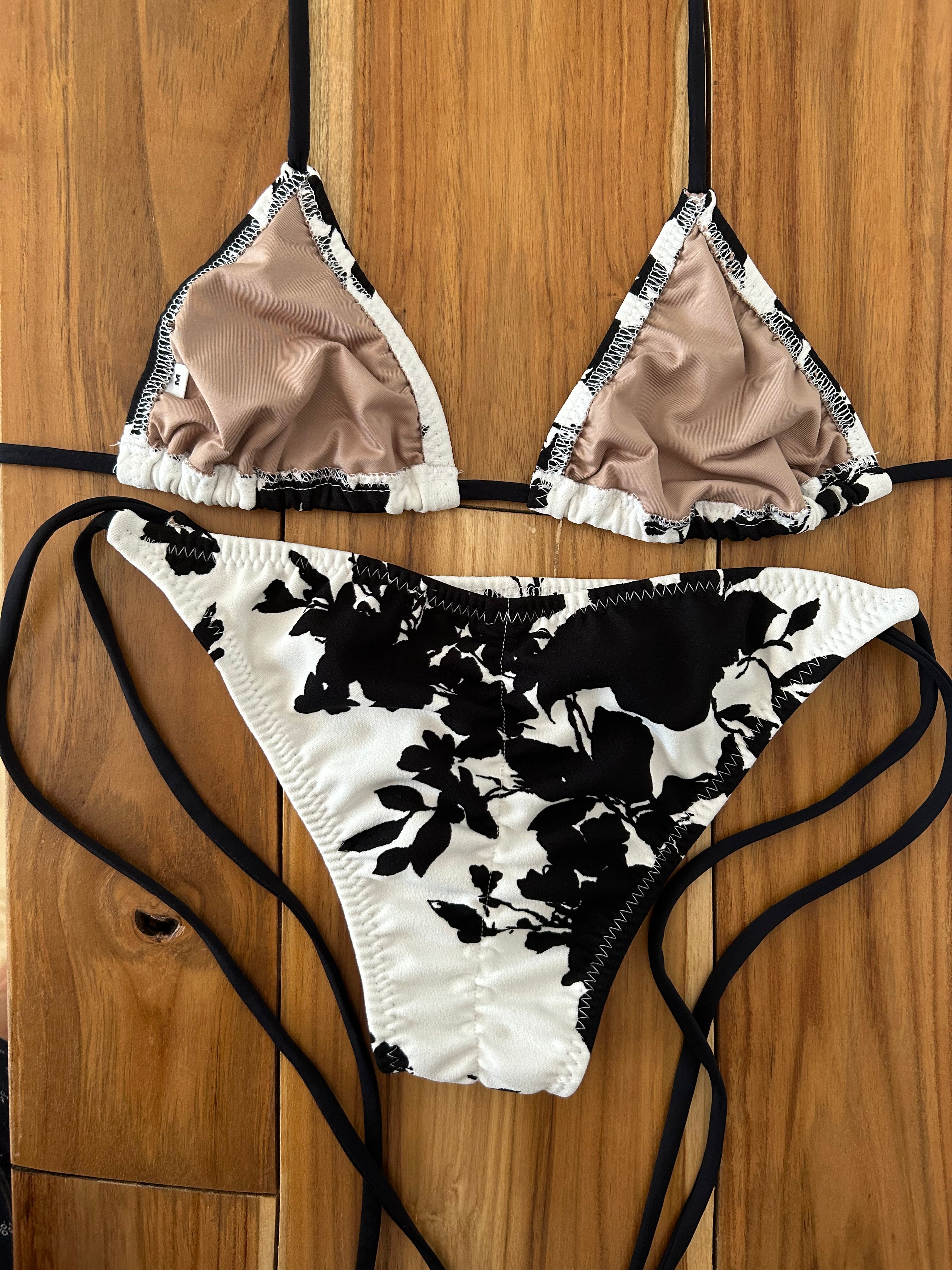 Black and White Floral Spaghetti Bikini Bottom