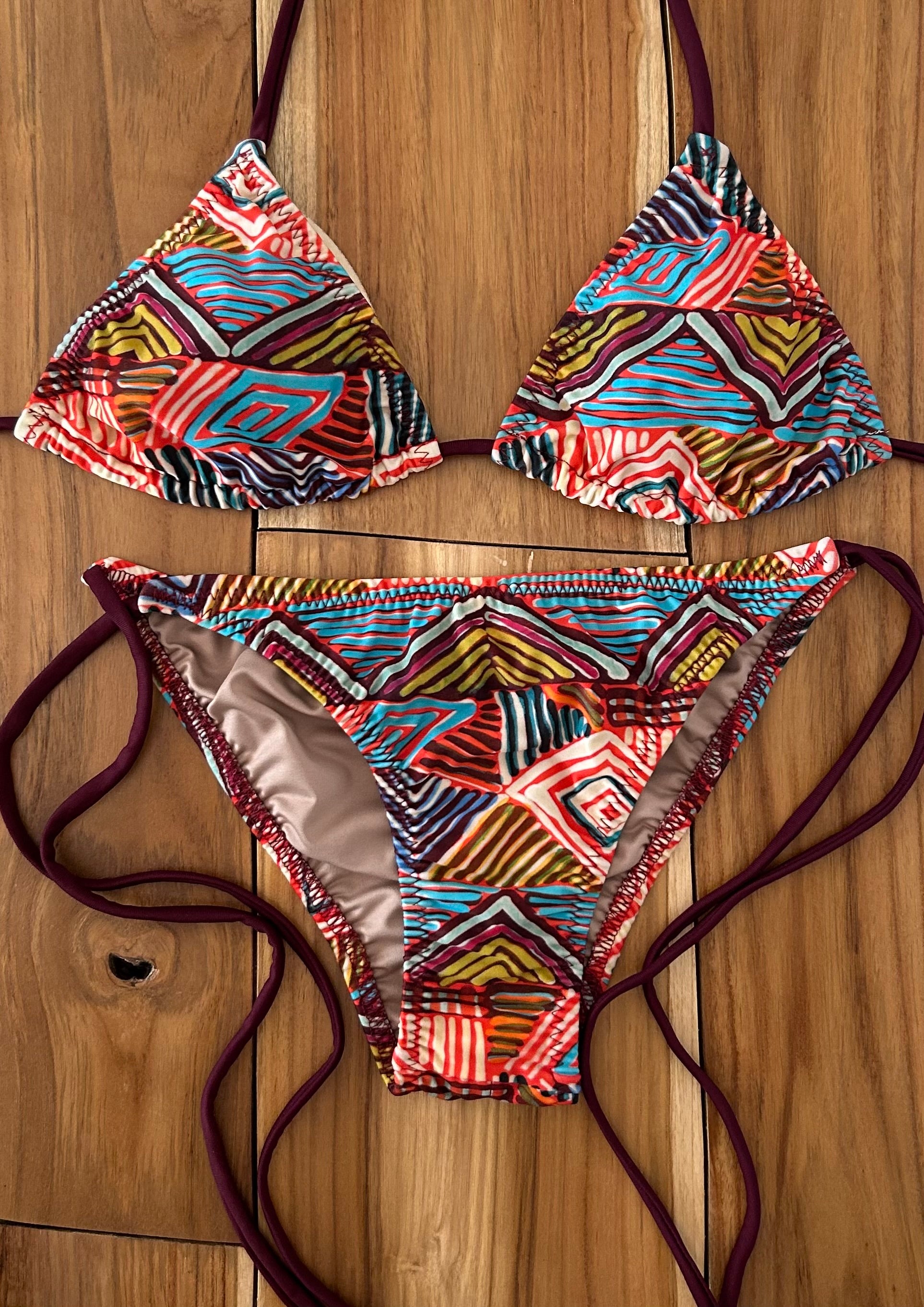 Blue/Orange Print Triangle Bikini Top