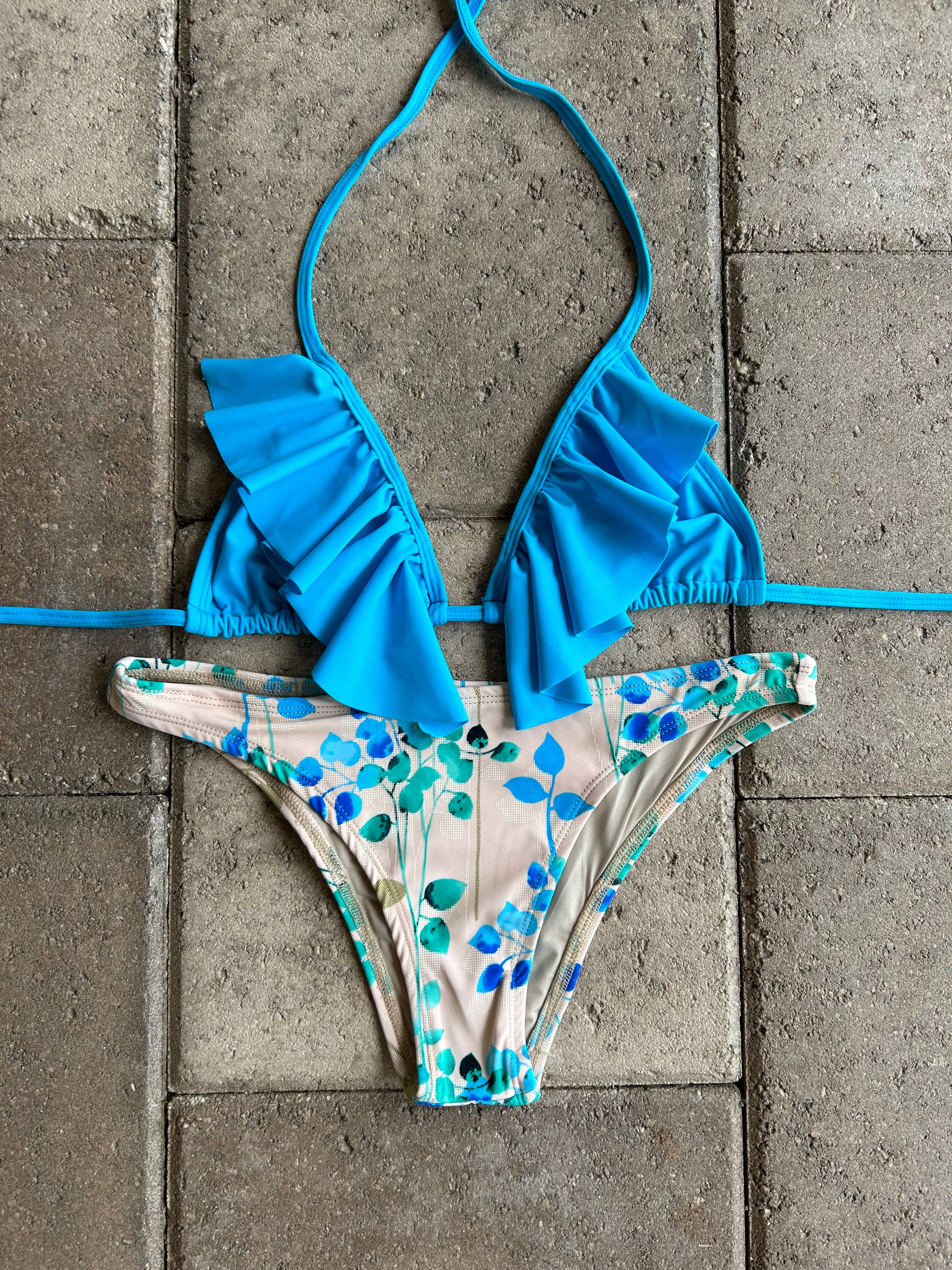 Turquoise Ruffle Triangle Bikini Top